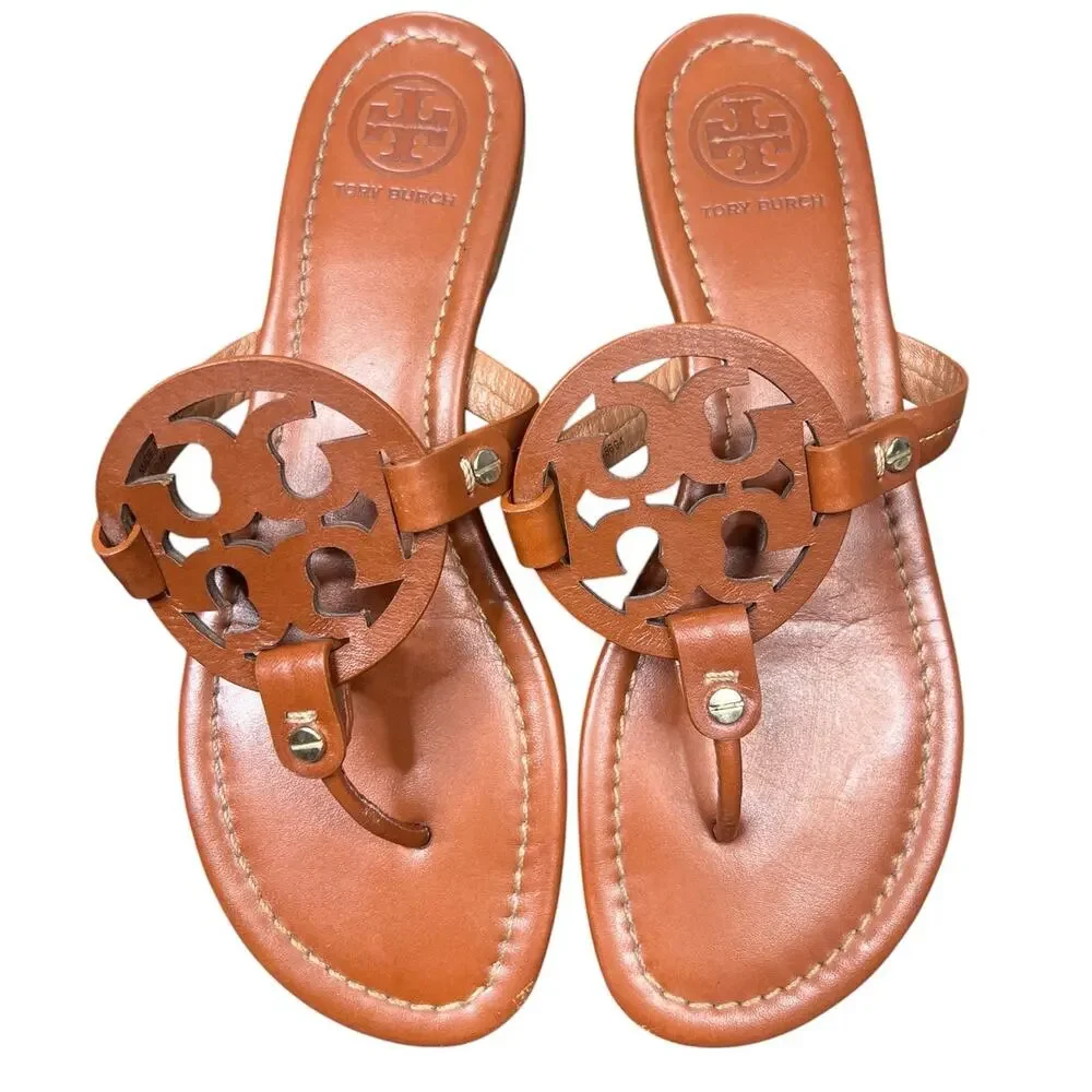 Tory Burch Miller Flat Brown Leather Thong Sandals Size 9.5